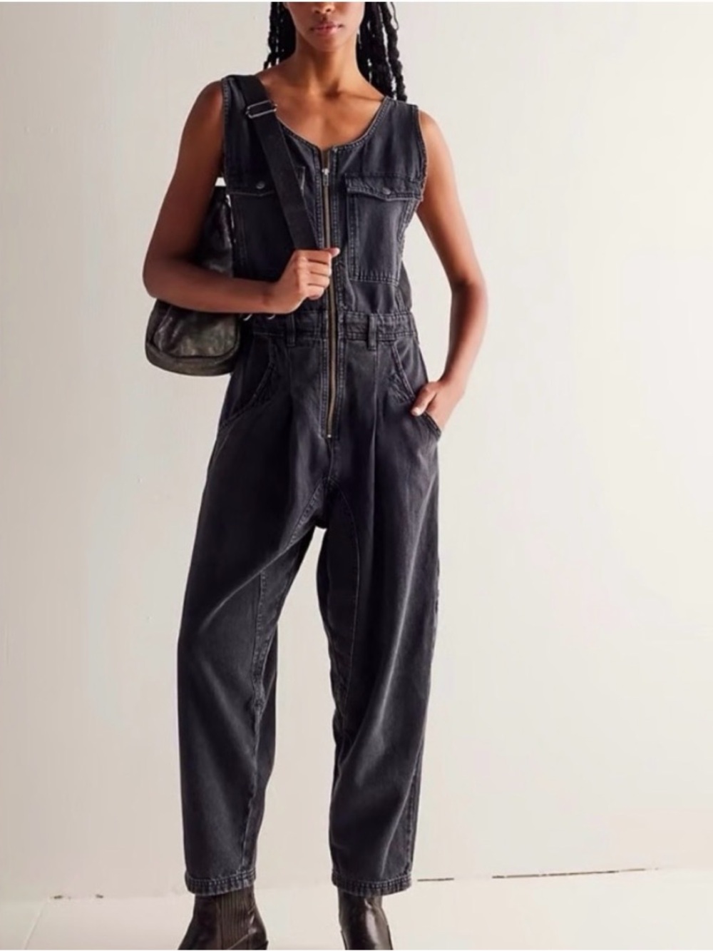 Free People “We The Free” Cloud Nine Zip-Front Black Denim Jumpsuit